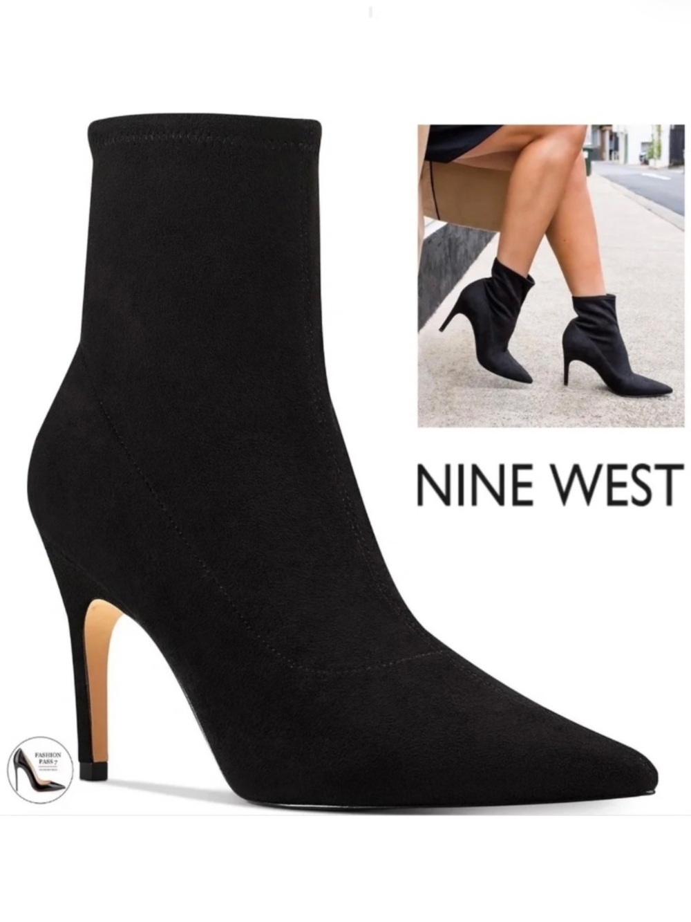 NINE WEST Jory 2 Stretch Booties Pointed toe Stiletto Heel Black Ankle Boots 8.5